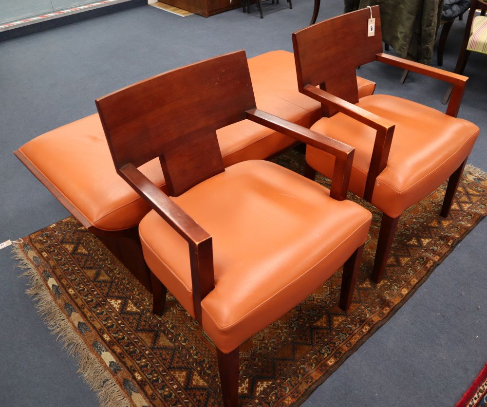 A Contemporary American Bernhardt Furniture Co. hand-made set, pair of armchairs and a bench in mid 20th century style, (about 10 years